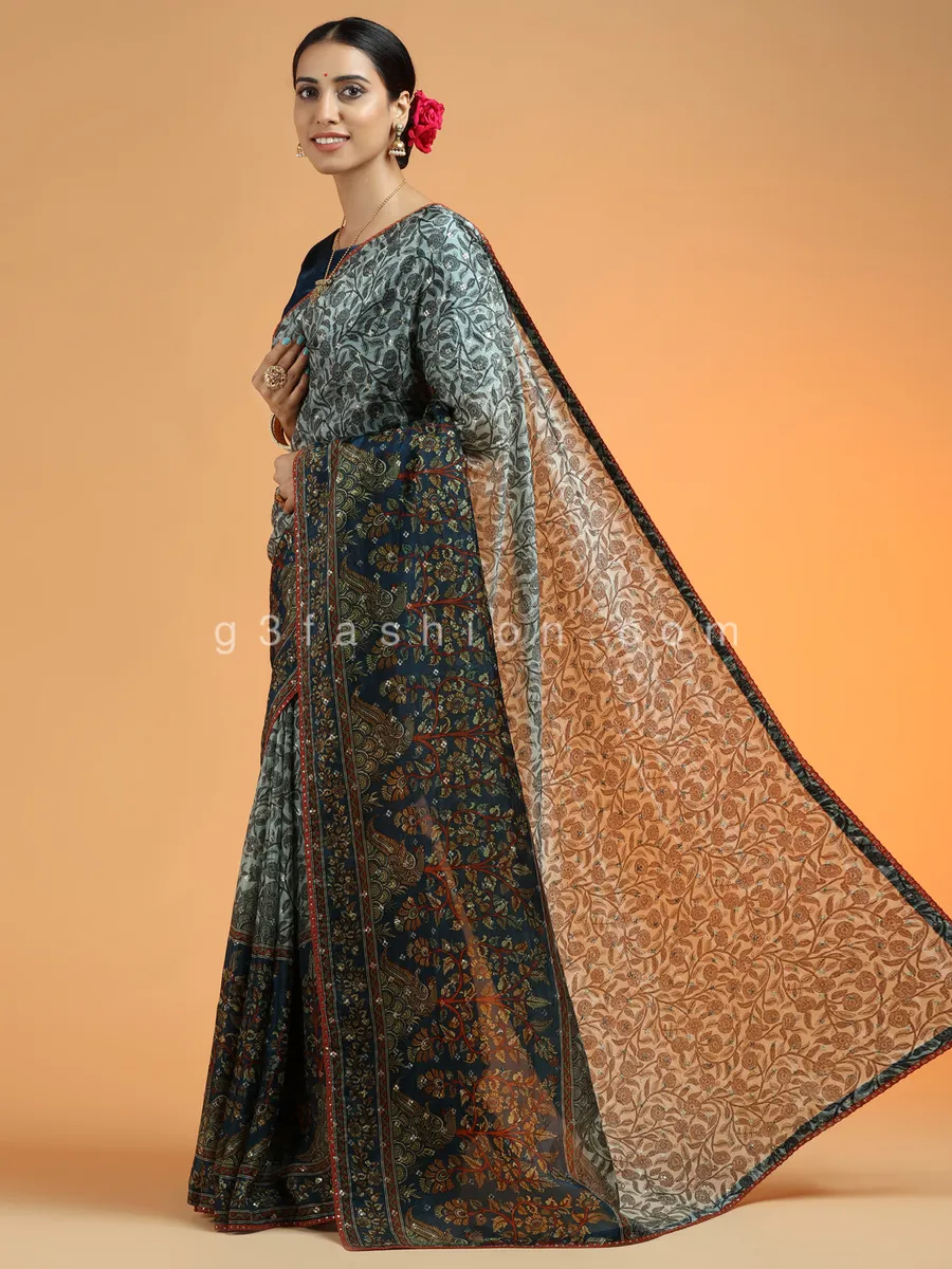 Powder blue extraordinary wedding sari in modal silk