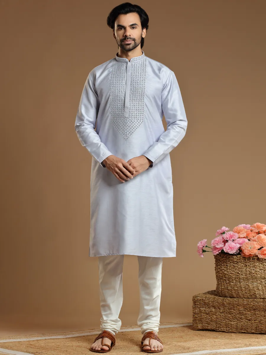 Grey festive wear cotton silk  Men Kurta pajama