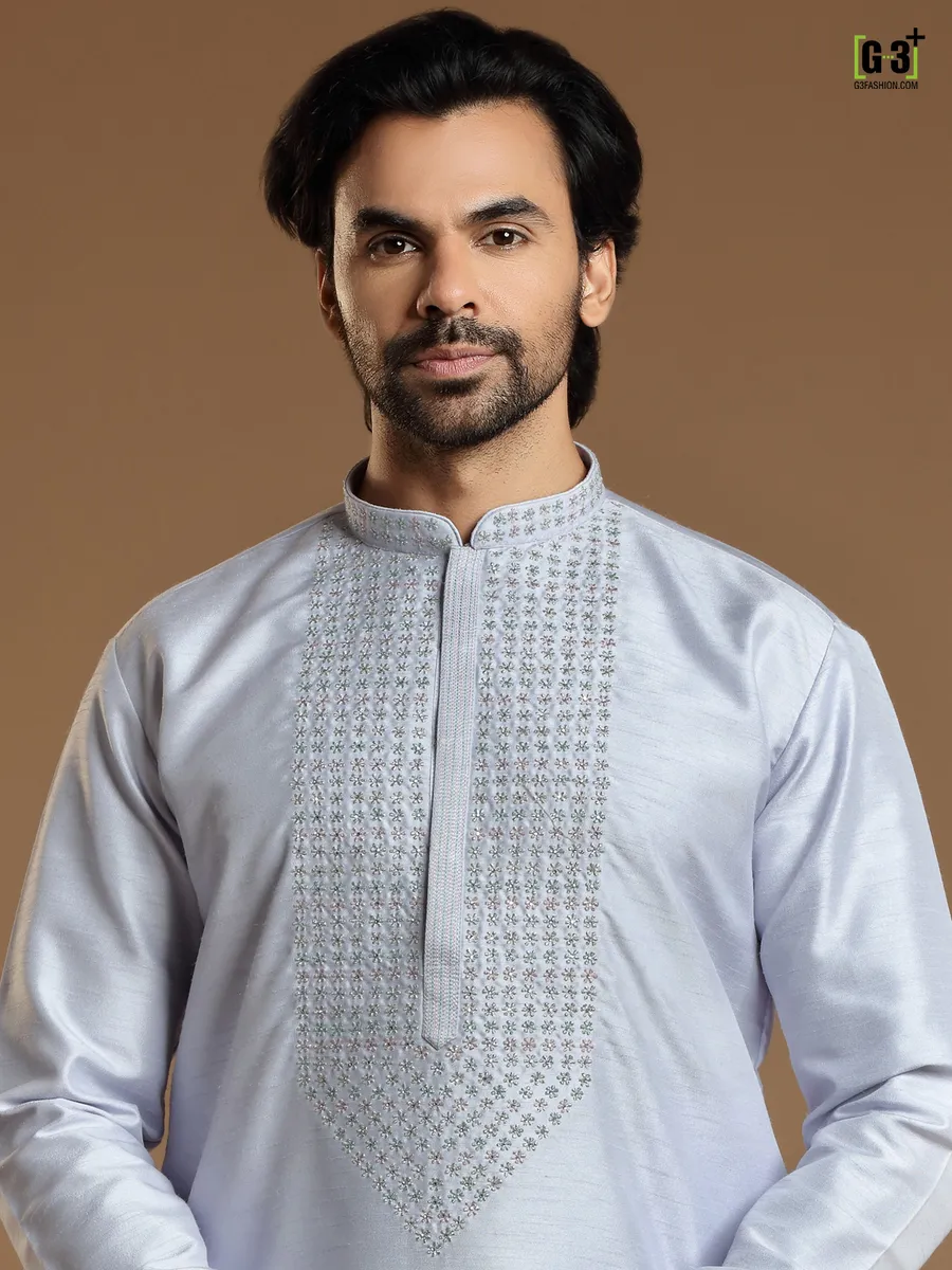 Grey festive wear cotton silk kurta suit