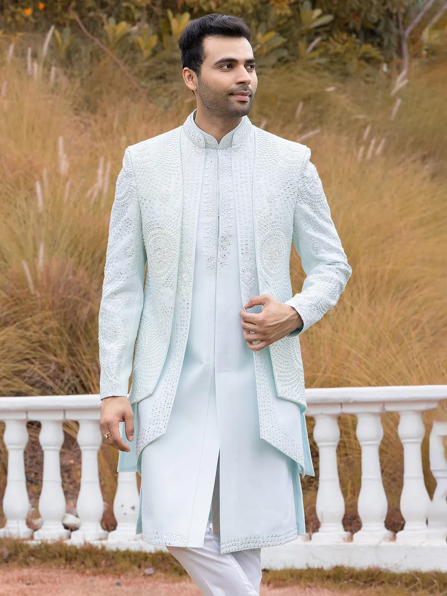 Powder blue raw silk Indowestern for men