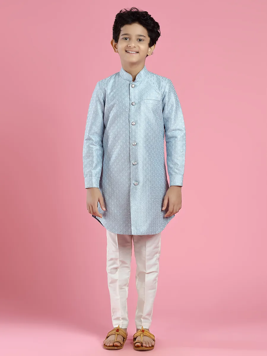 Powder blue silk boys indowestern for wedding