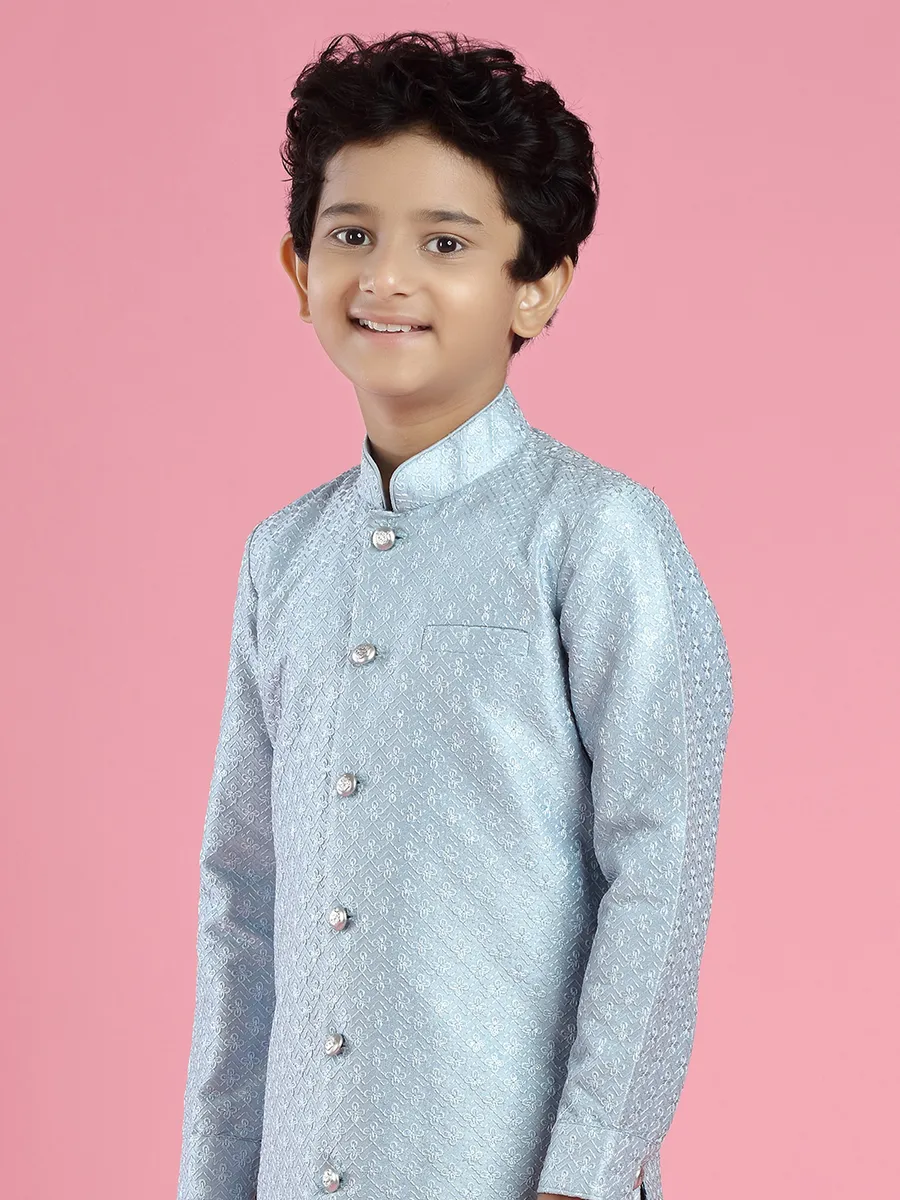 Powder blue silk boys indowestern for wedding