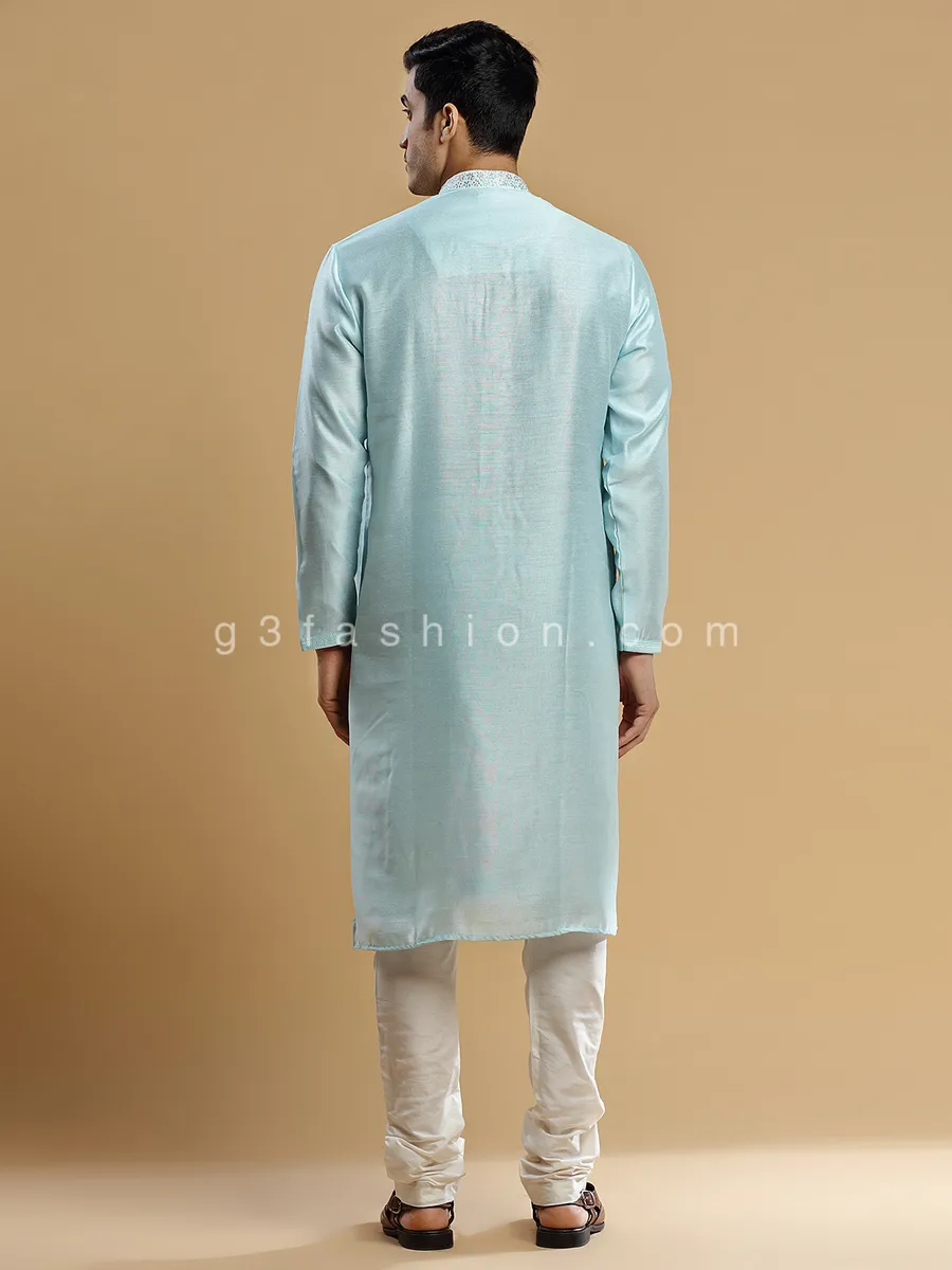Powder blue silk festive wear kurta suit