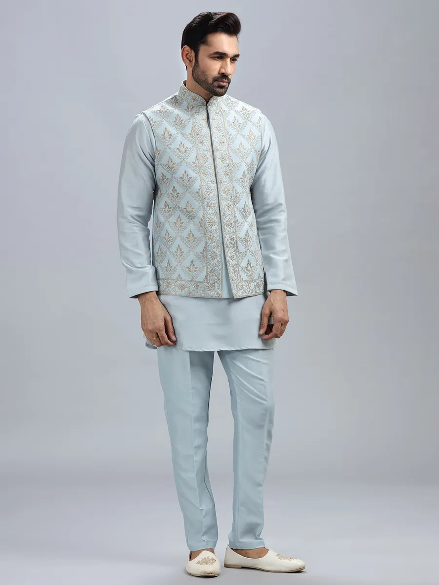 Powder blue silk waistcoat set for men