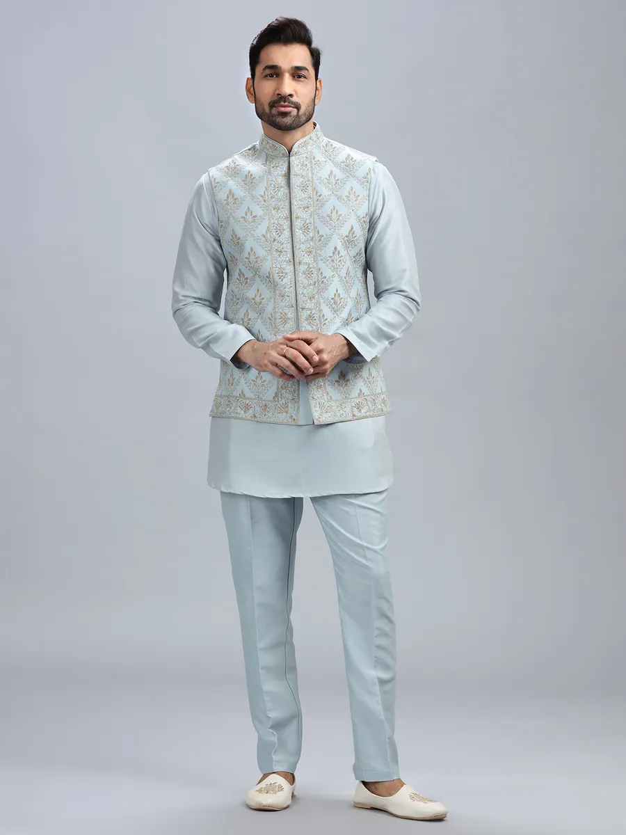 Powder blue silk waistcoat set for men