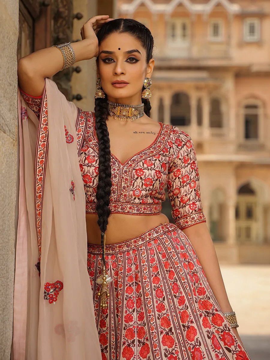 Powder pink printed lehenga choli in silk