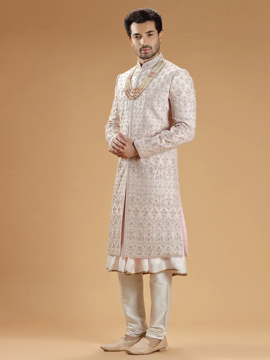 Powder pink raw silk sherwani