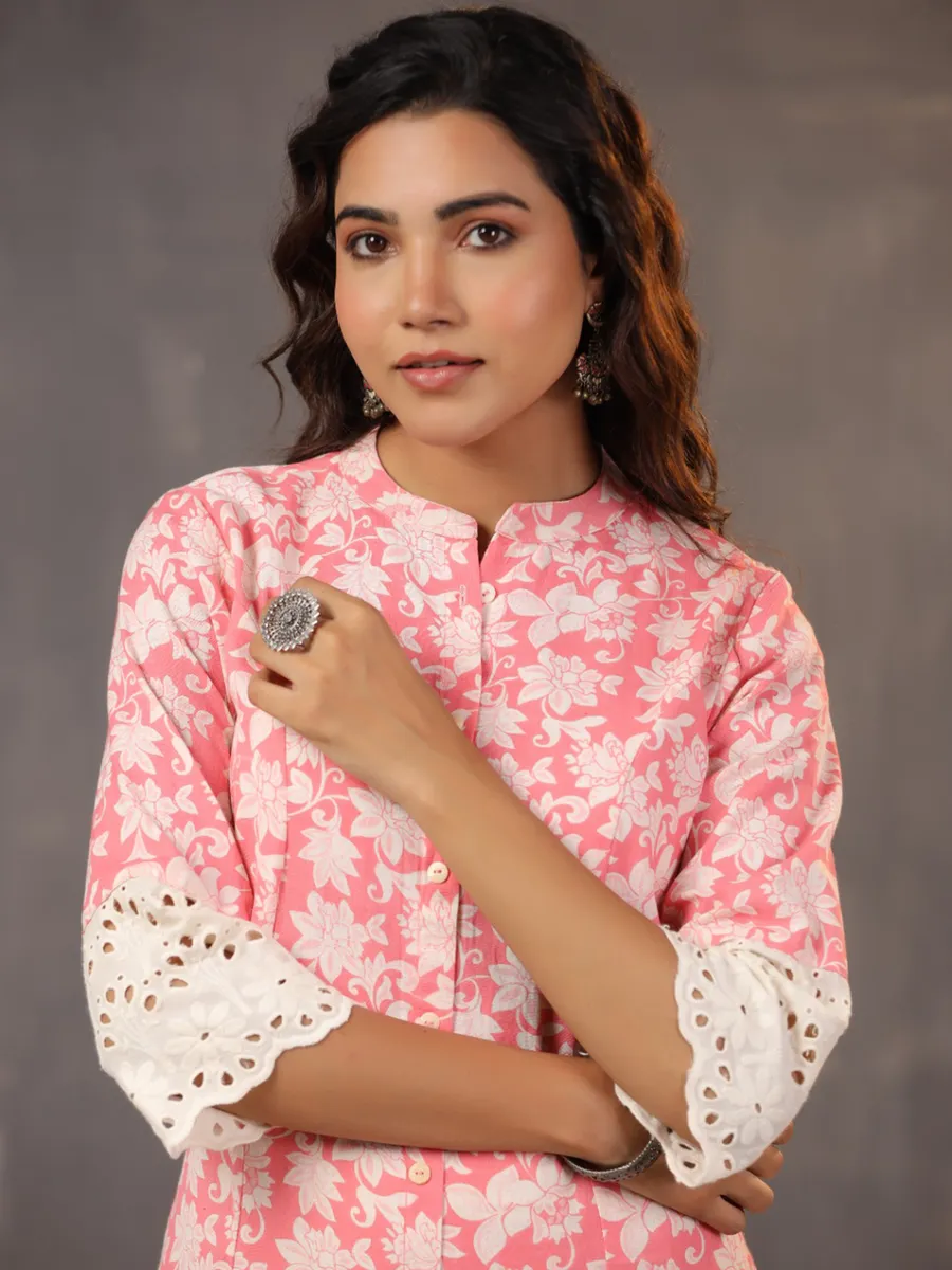 Pretty bright pink printed cotton silk kurti
