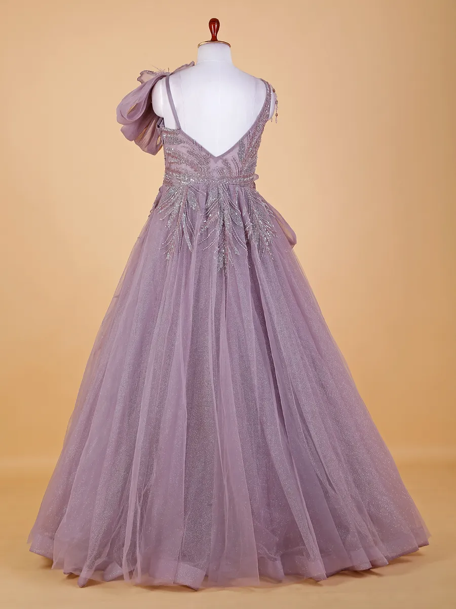 Pretty light purple net designer gown