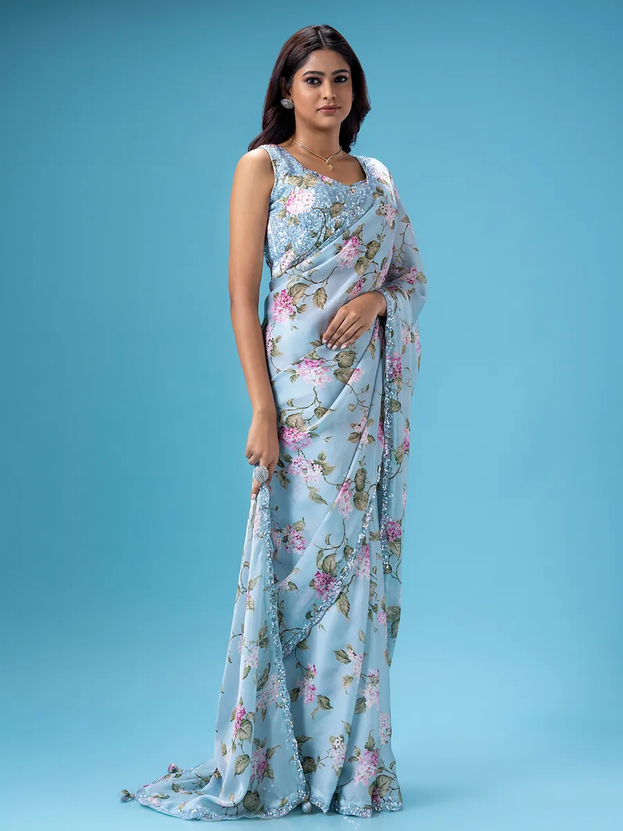 Pretty sky blue printed mashru silk saree