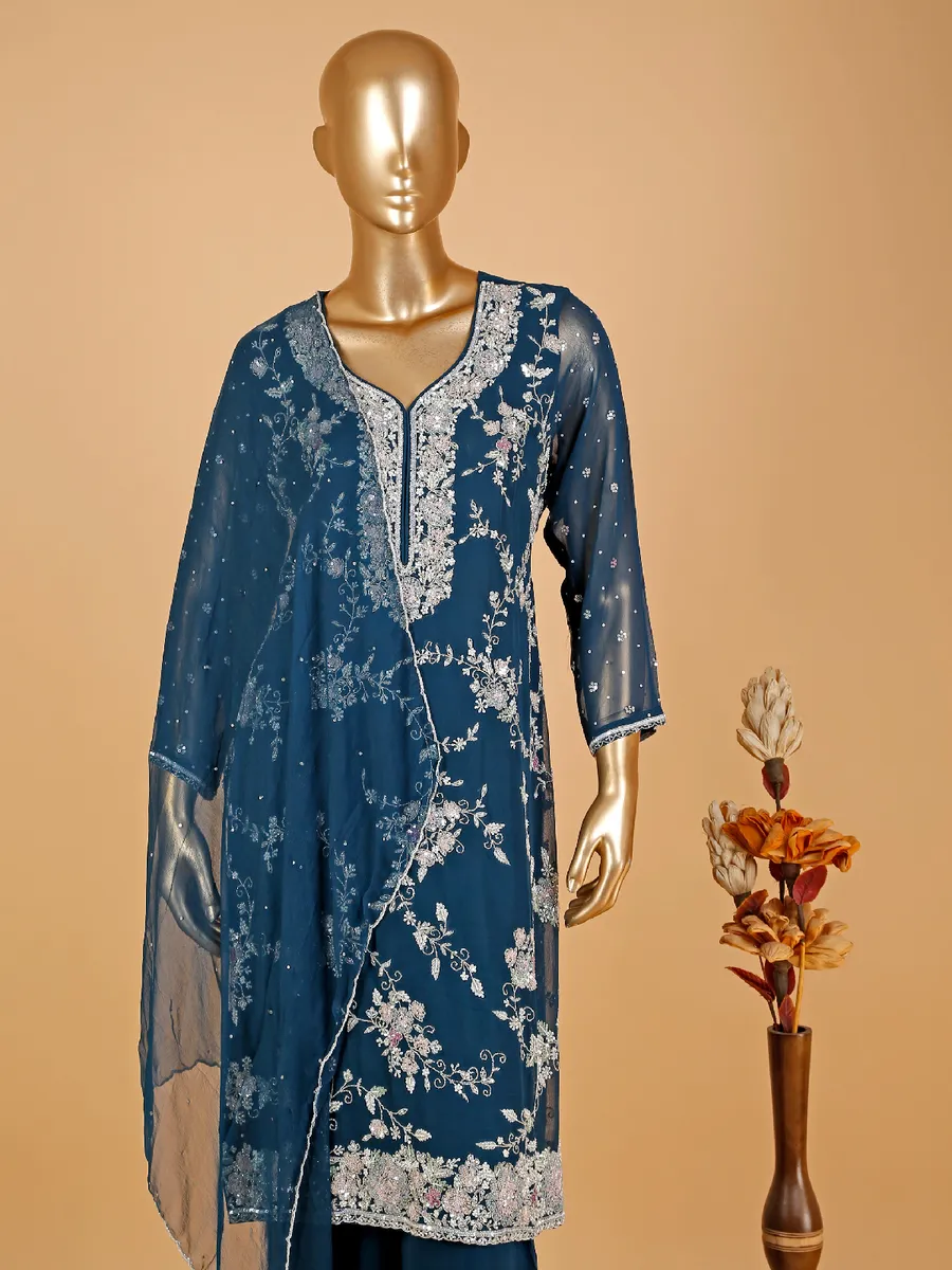 Pretty teal blue georgette palazzo suit