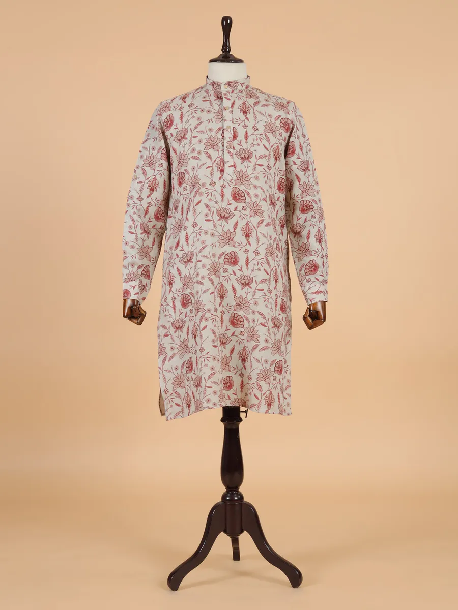 Printed beige cotton kurta set for men