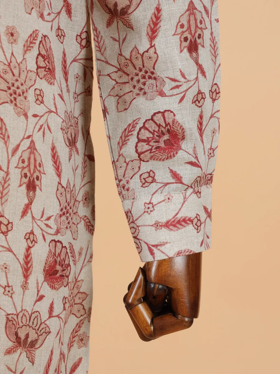 Printed beige cotton kurta set for men