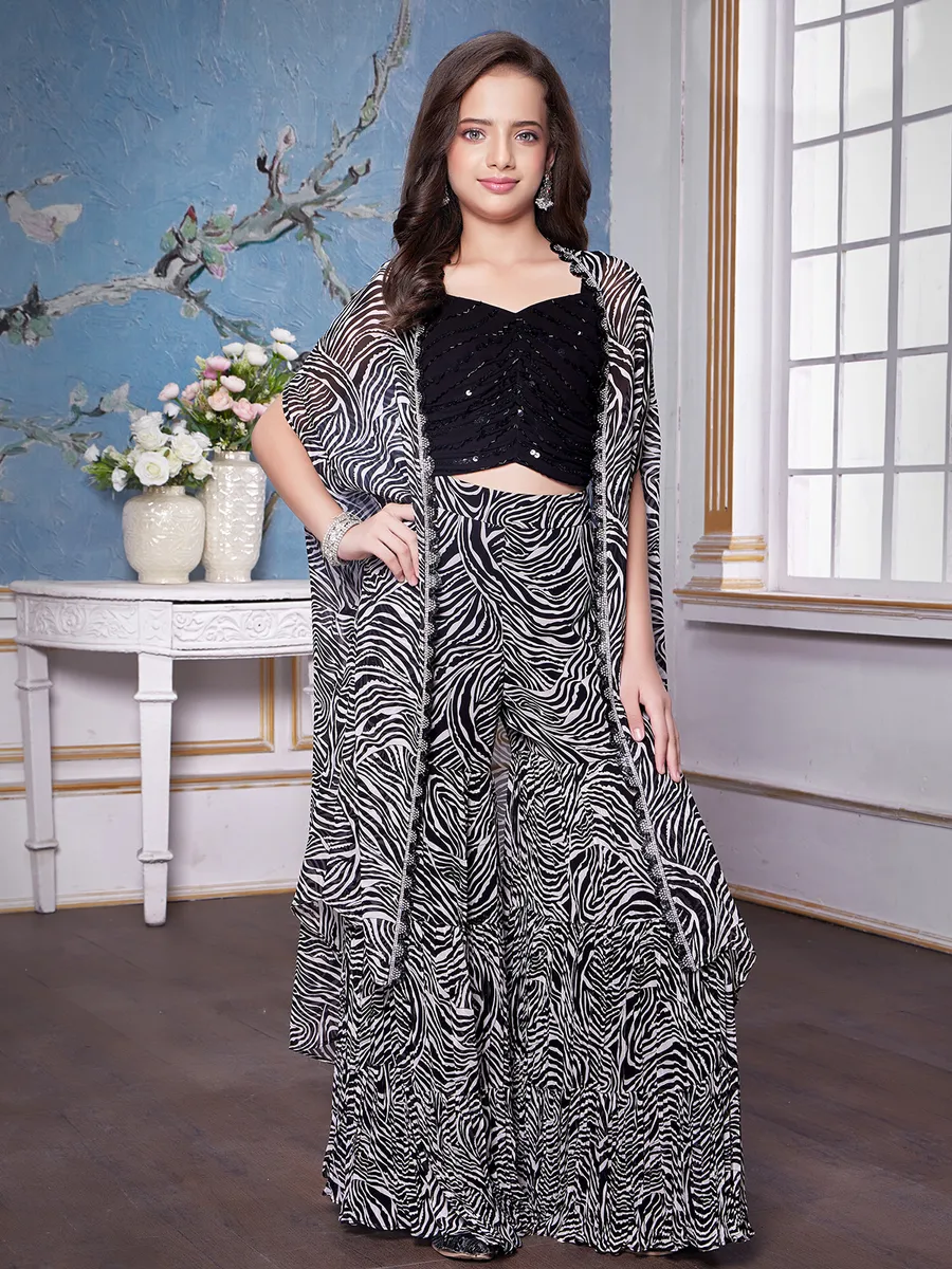 Printed black georgette palazzo suit