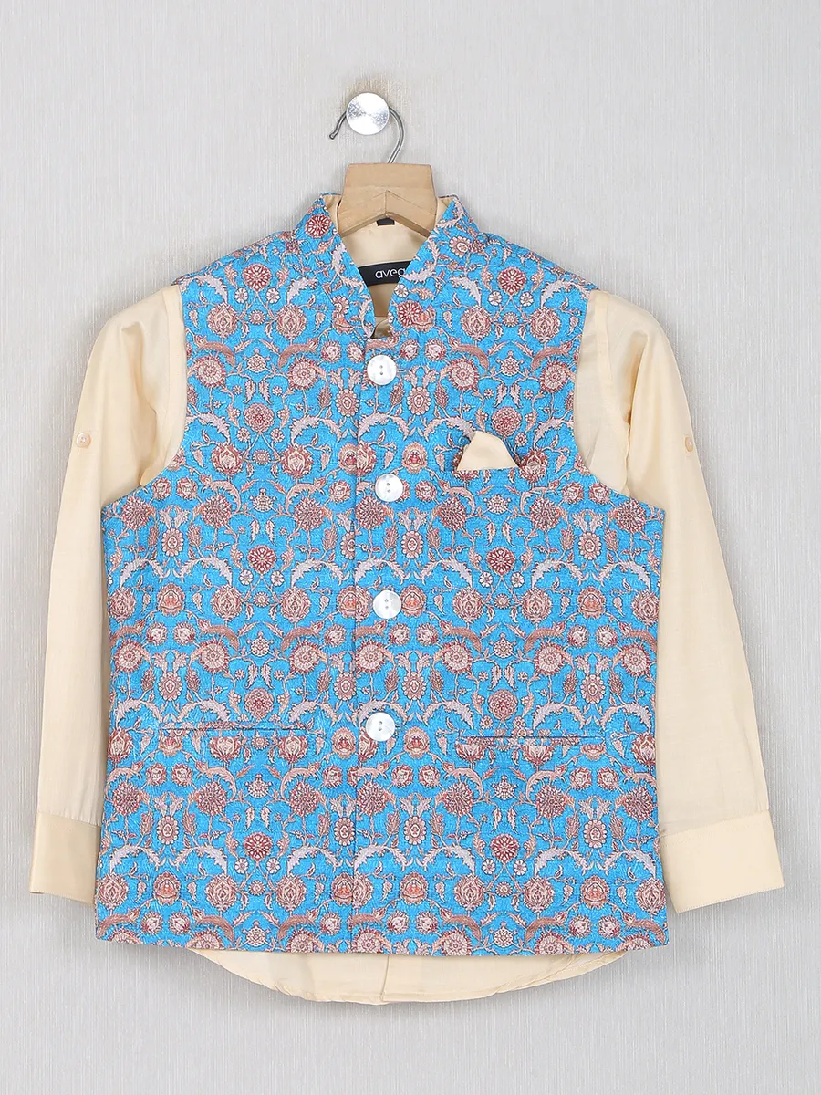 Printed blue color boys cotton silk waistcoat