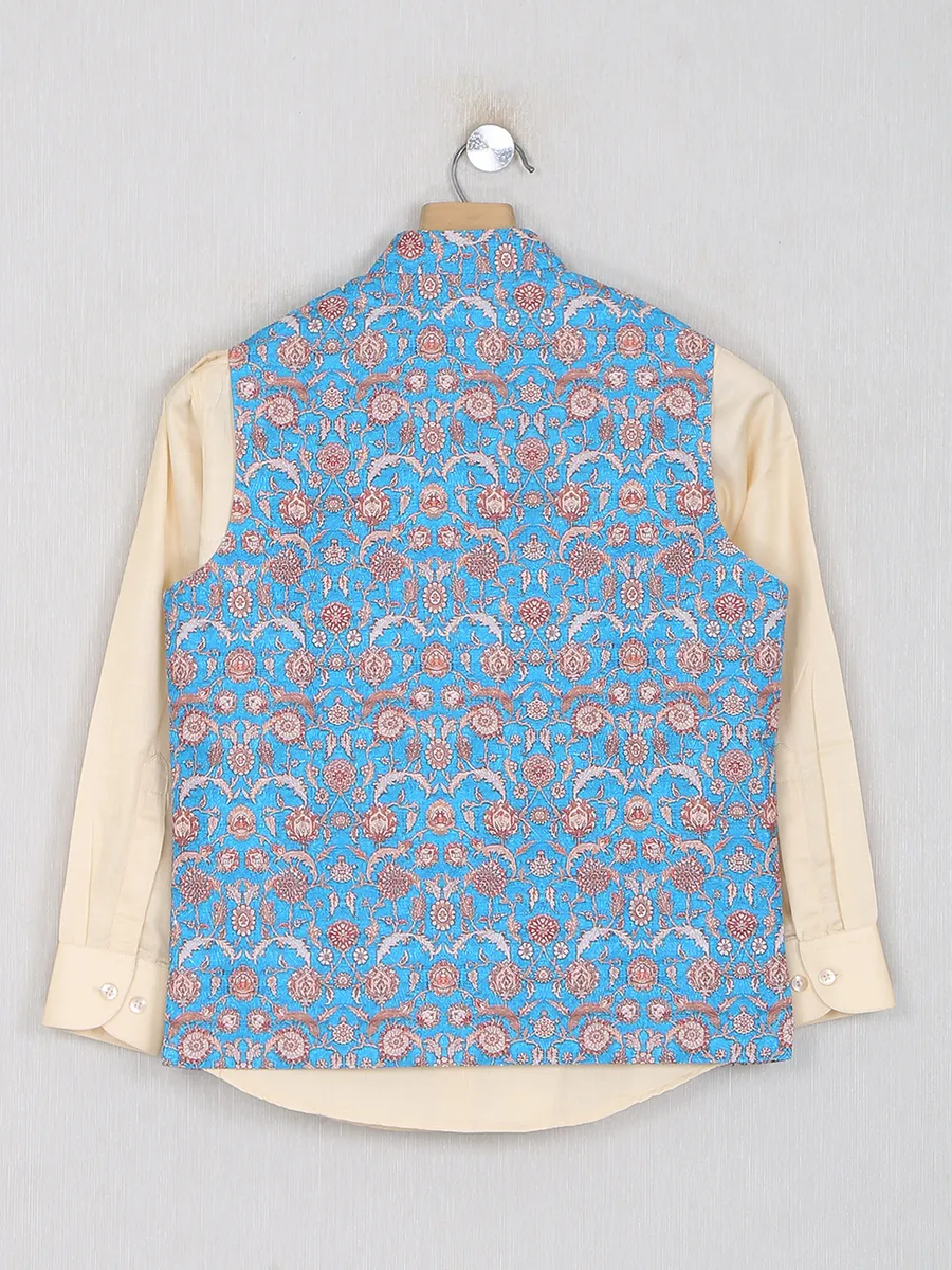 Printed blue color boys cotton silk waistcoat