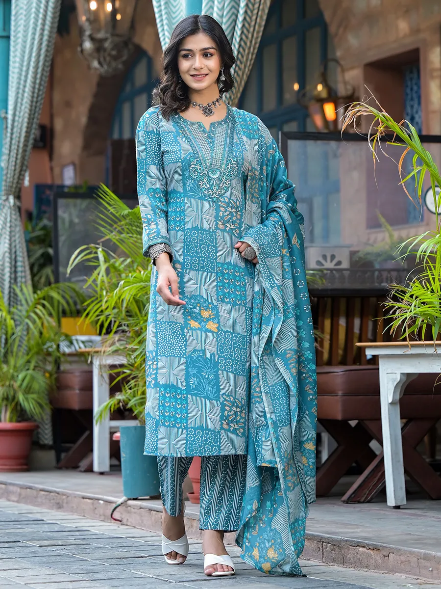 Printed blue kurti set in cotton