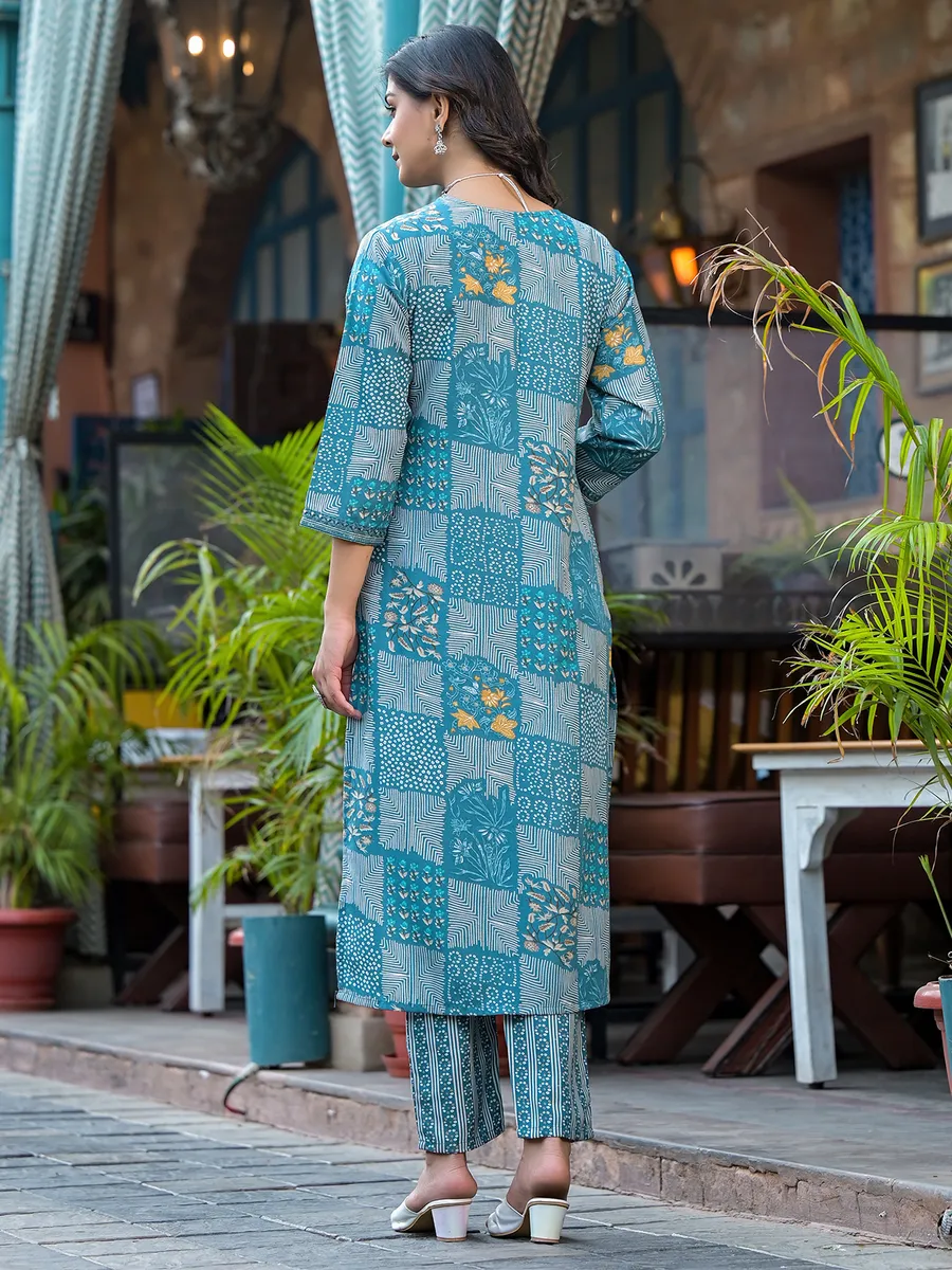 Printed blue kurti set in cotton