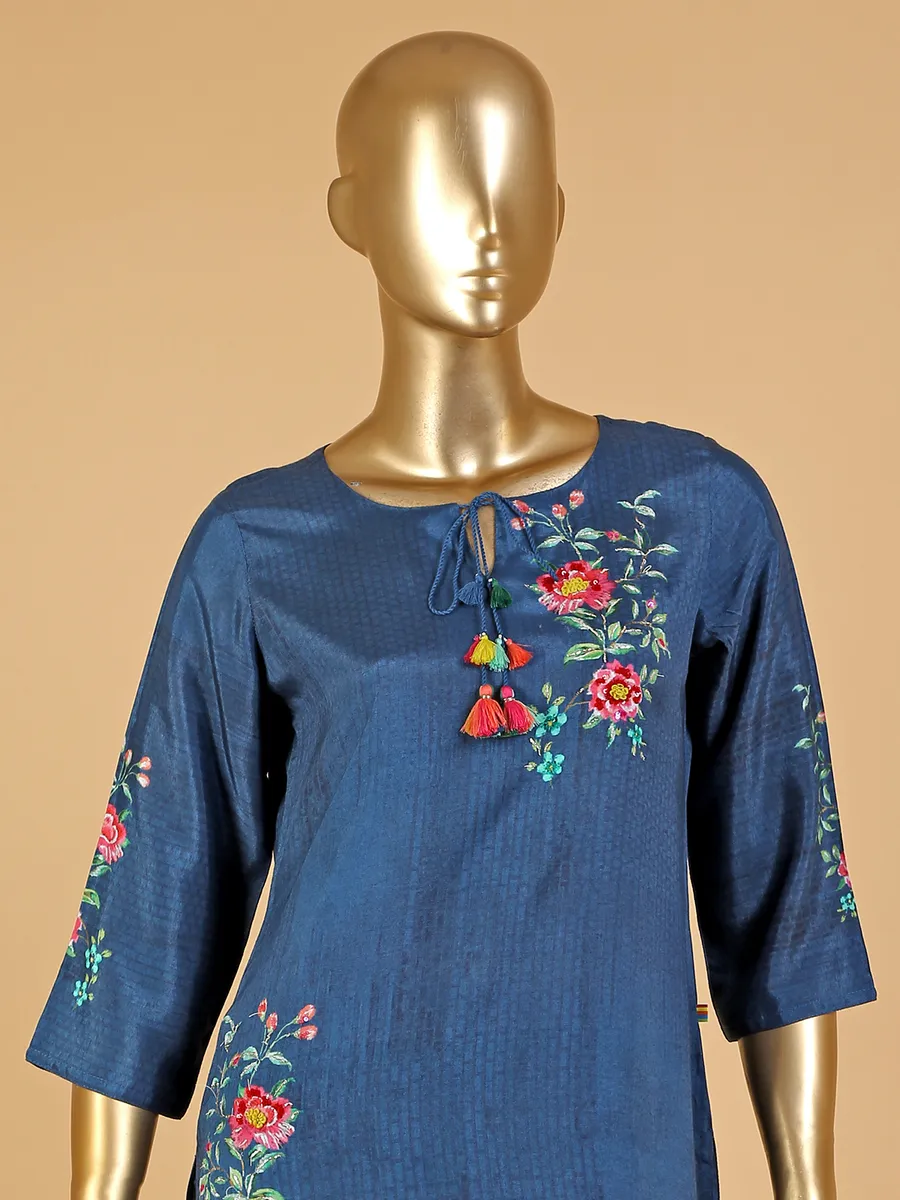 Printed blue kurti with pant in silk