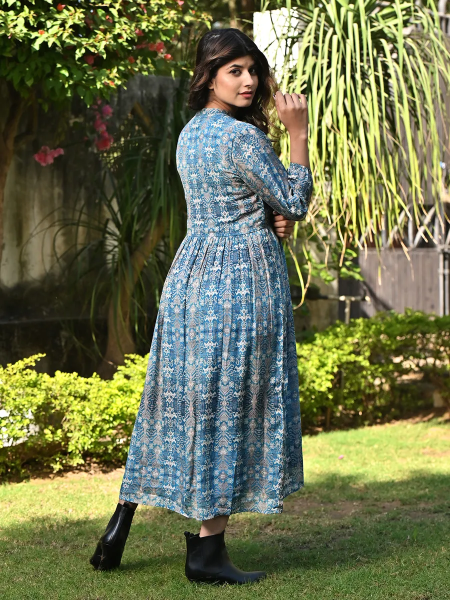 Printed blue long kurti in cotton