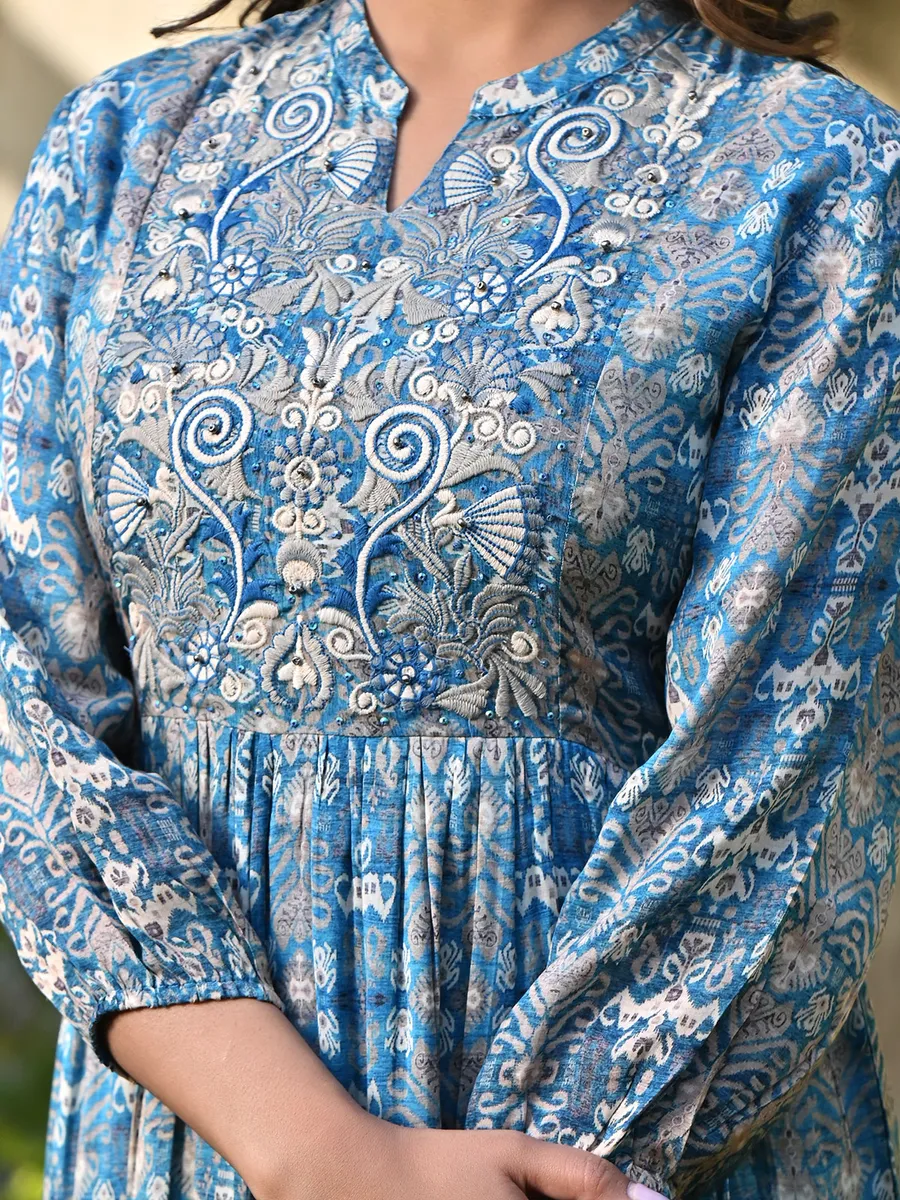 Printed blue long kurti in cotton