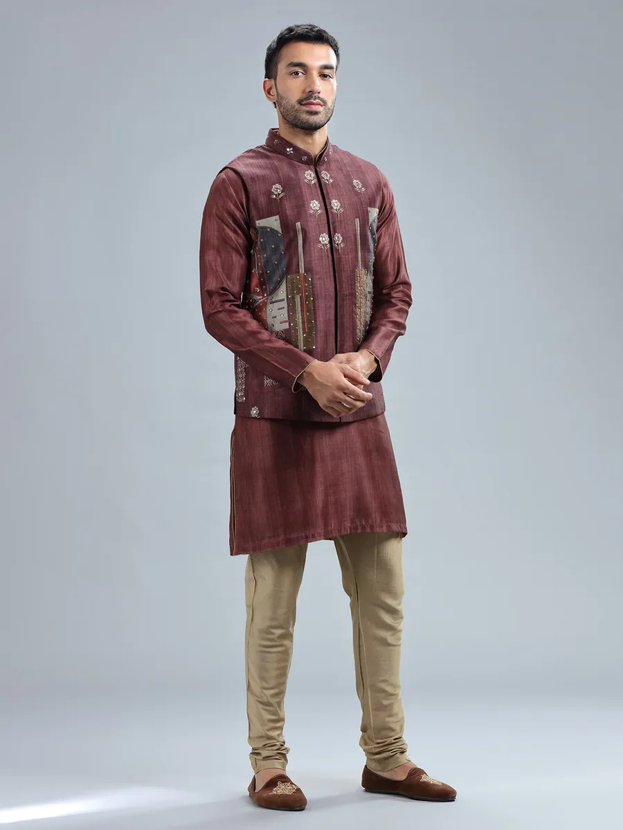 Printed brown silk waistcoat set