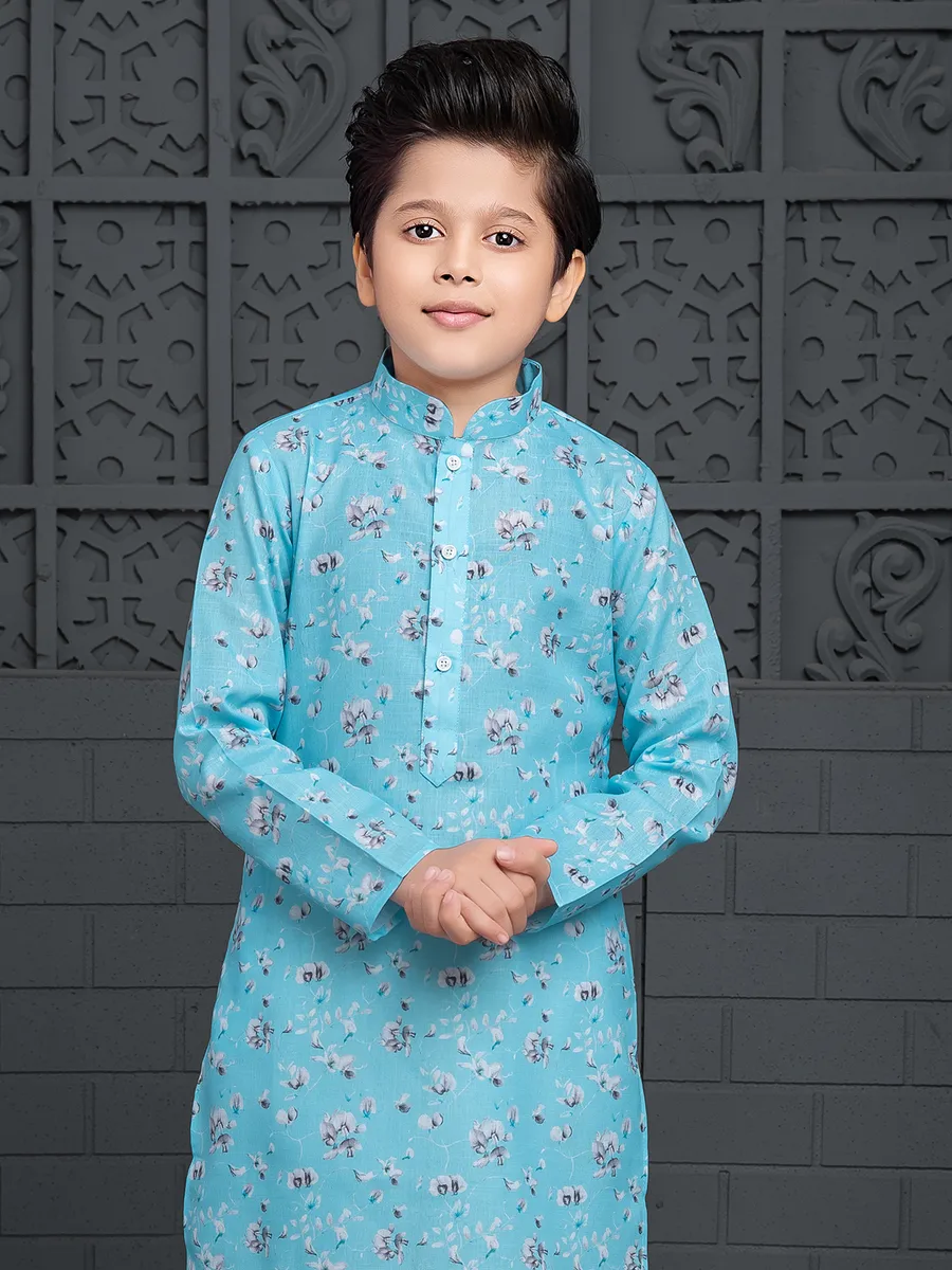 Printed cotton kurta suit in sky blue