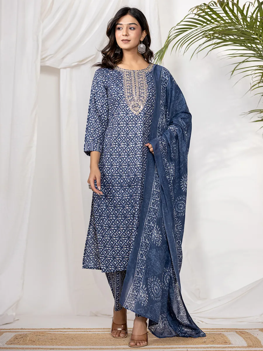 Printed cotton dark blue kurti set