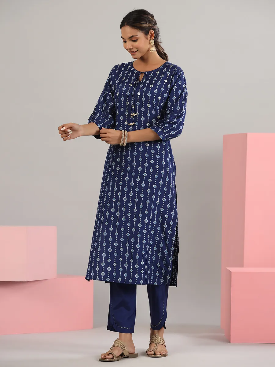 Printed cotton dark blue kurti with pant