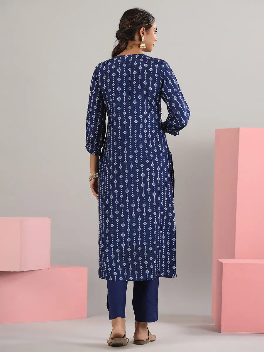 Printed cotton dark blue kurti with pant