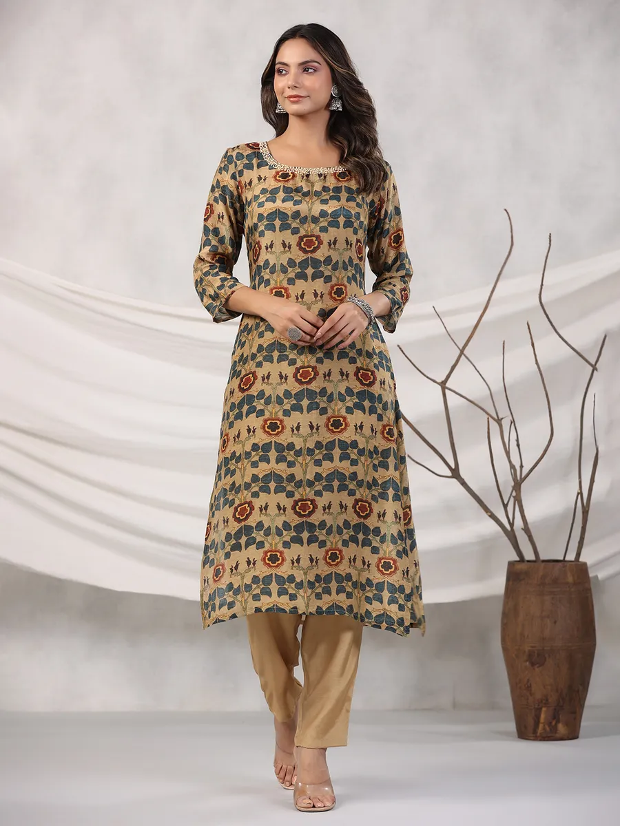 Printed cotton khaki kurti with pant