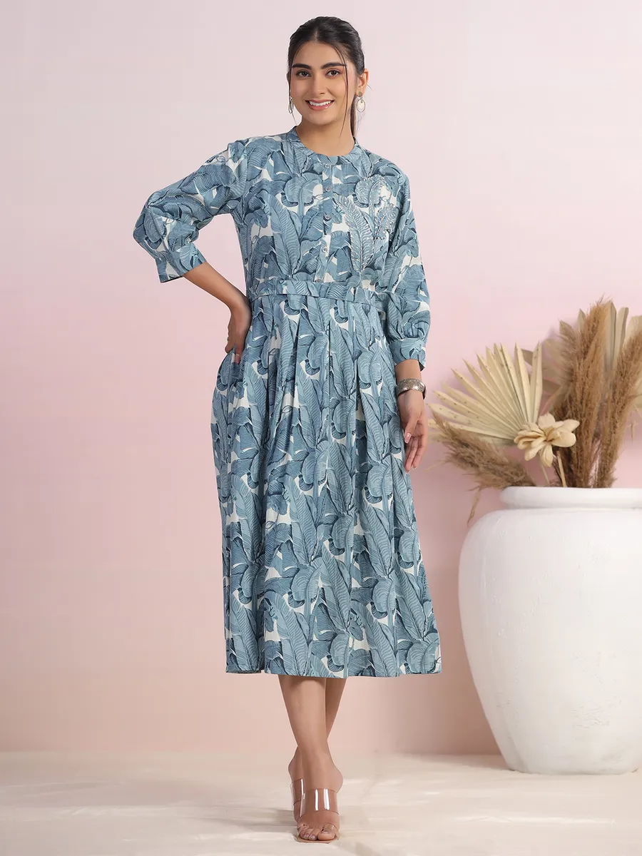 Printed cotton light blue kurti