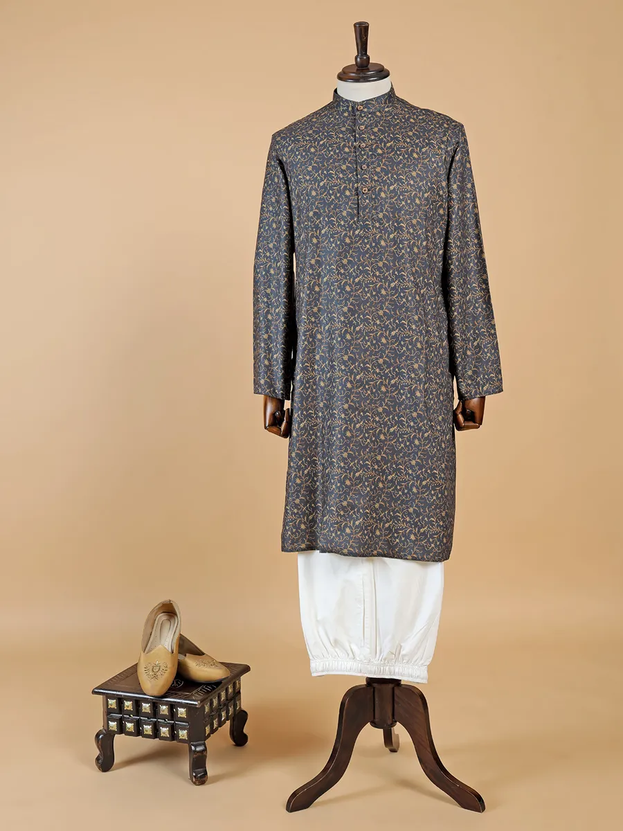 Printed dark grey  Men Kurta pajama in cotton