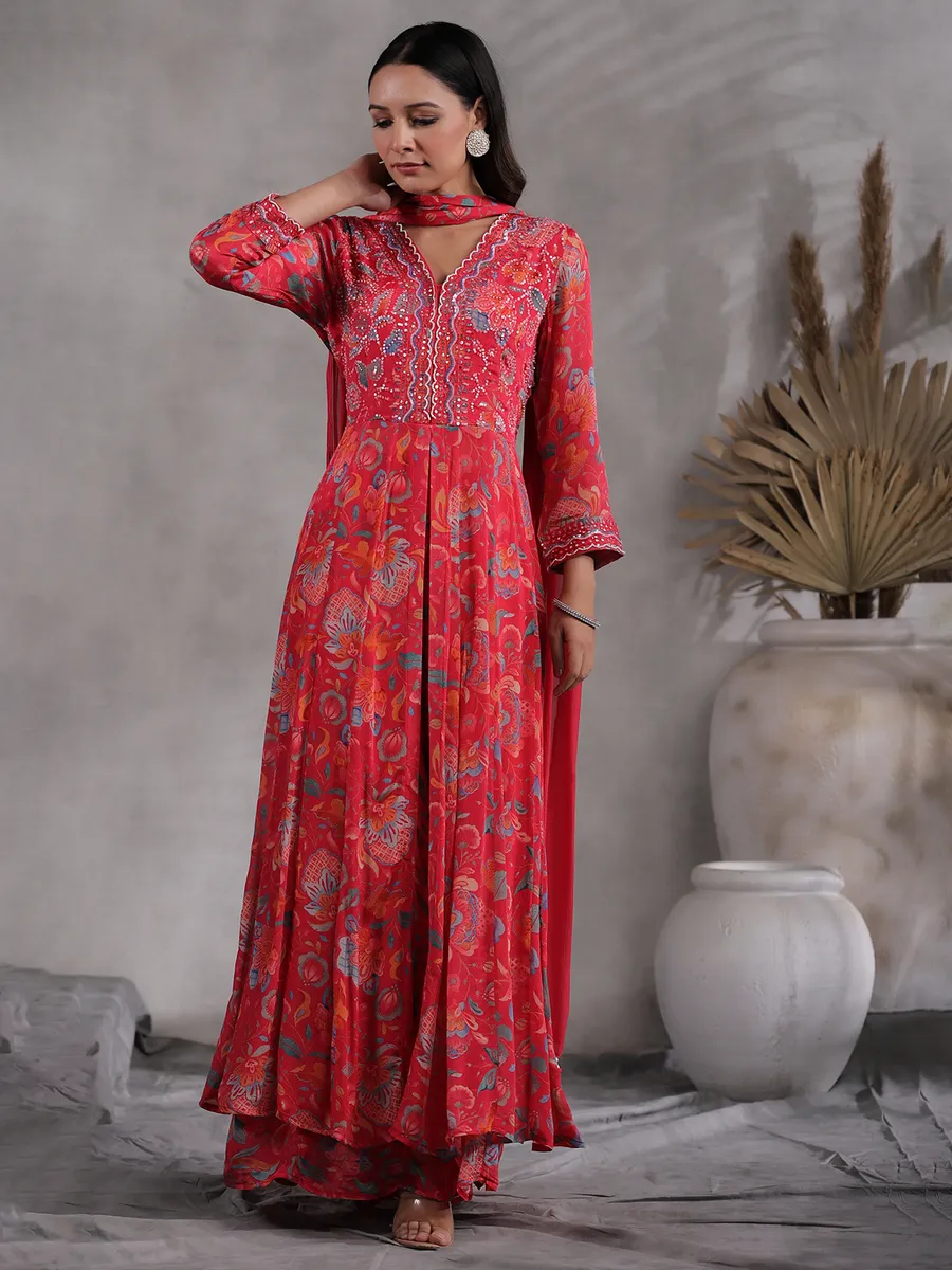 Printed dark pink georgette palazzo set