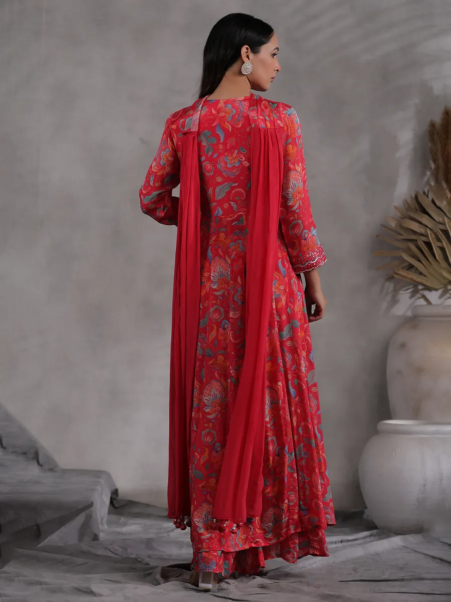 Printed dark pink georgette palazzo set