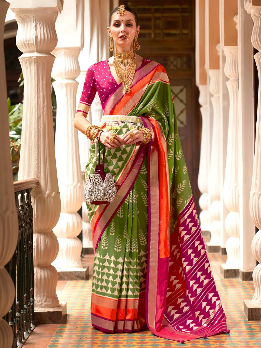Printed elegant green silk wedding saree