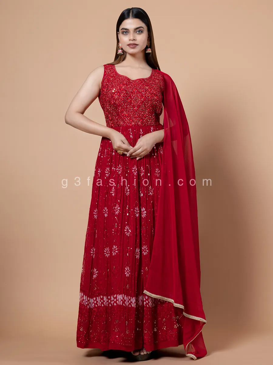 Printed georgette red anarkali suit