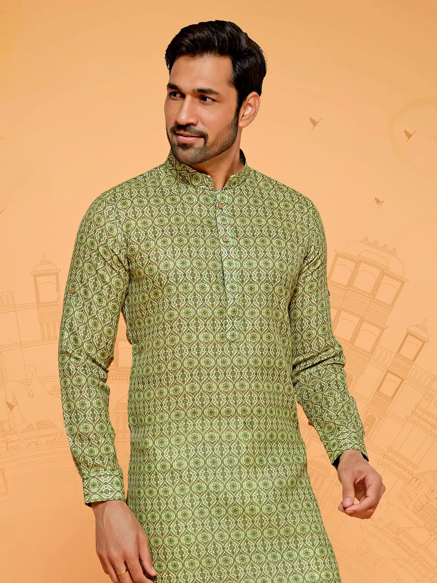 Printed green cotton kurta suit for men for festival