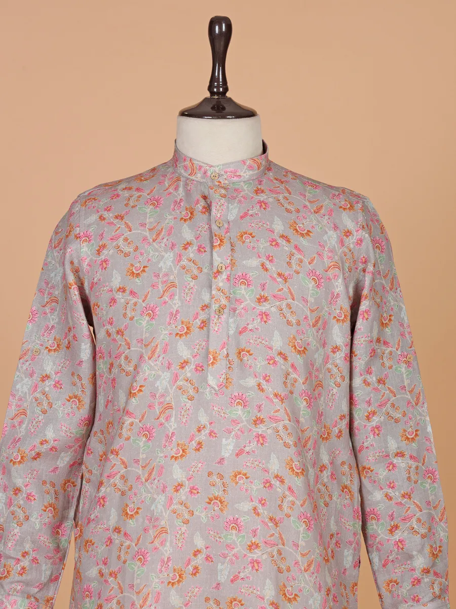 Printed grey cotton kurta for men