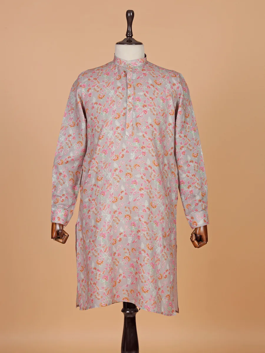 Printed grey cotton kurta for men