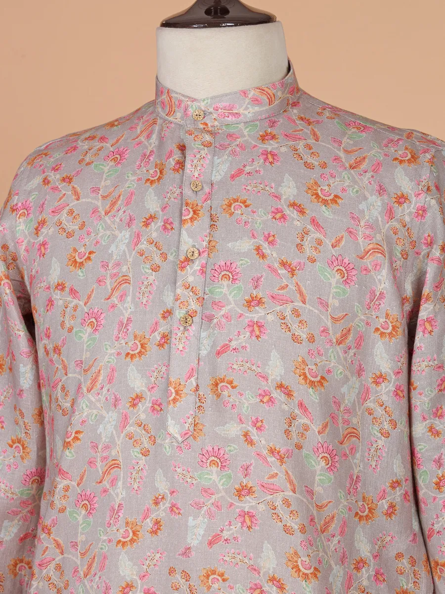 Printed grey cotton kurta for men