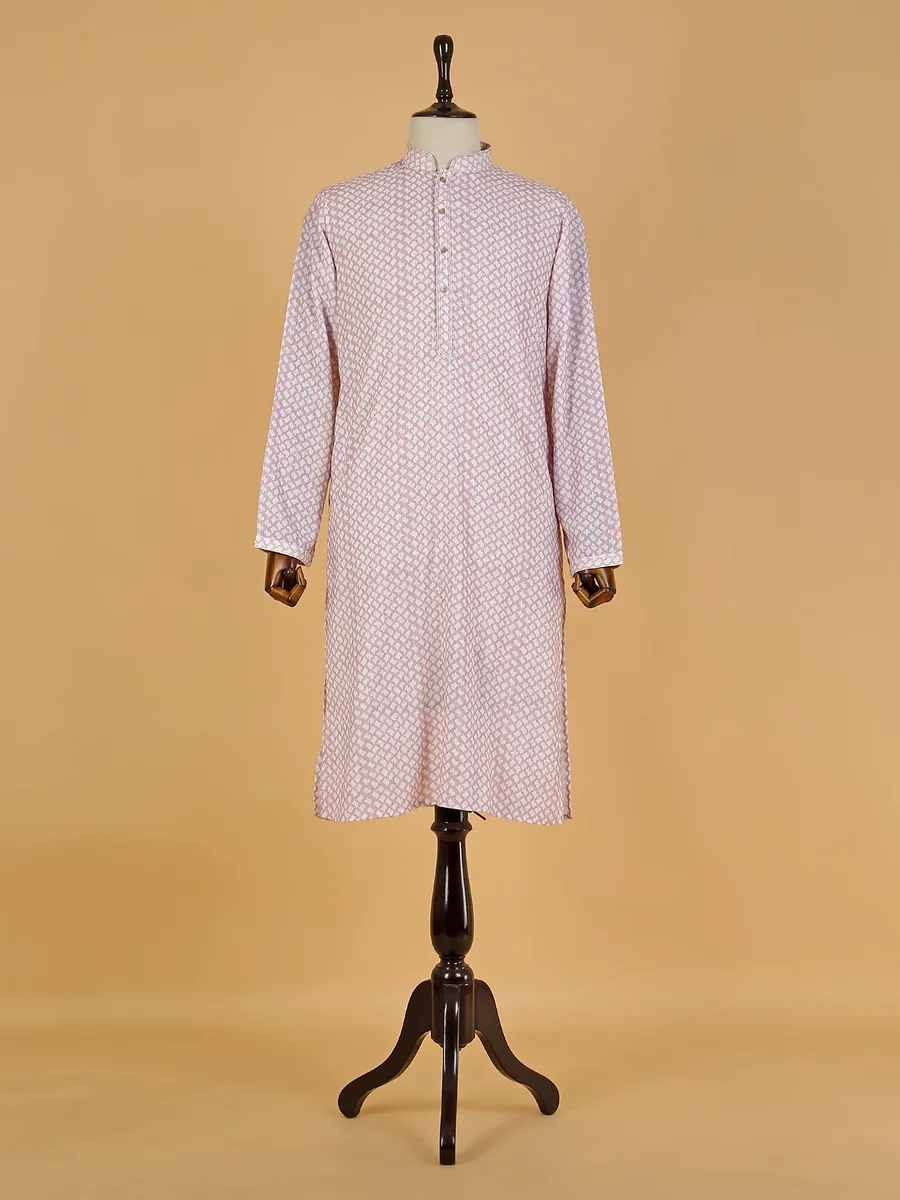 Printed light pink  Men Kurta pajama in cotton