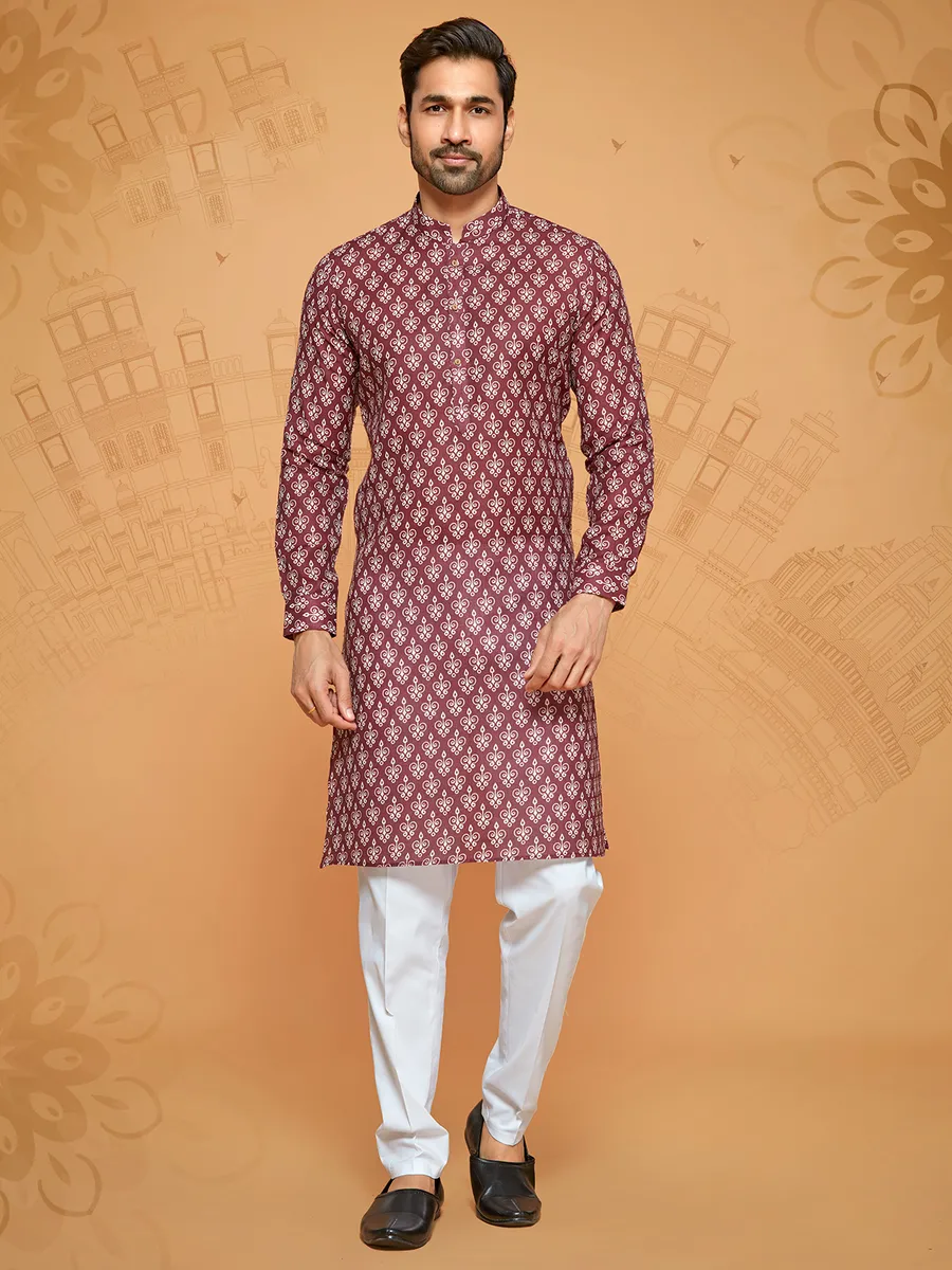 Printed maroon cotton kurta suit for men for festival