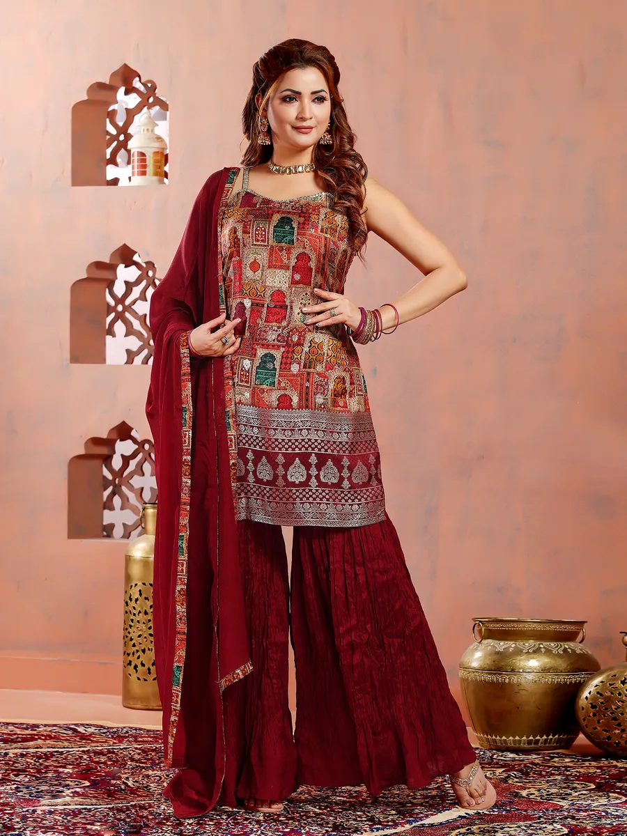 Printed maroon sharara suit in silk