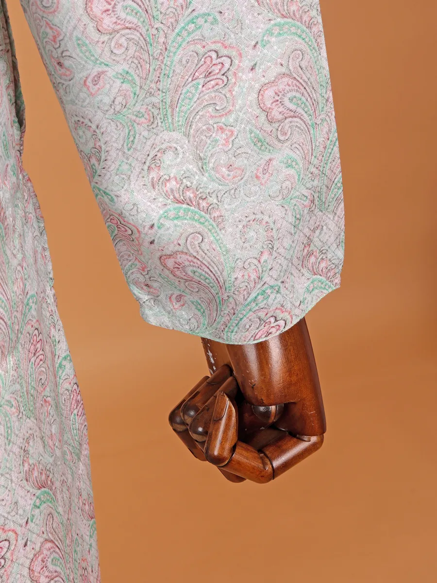 Printed mint green and pink cotton kurta suit