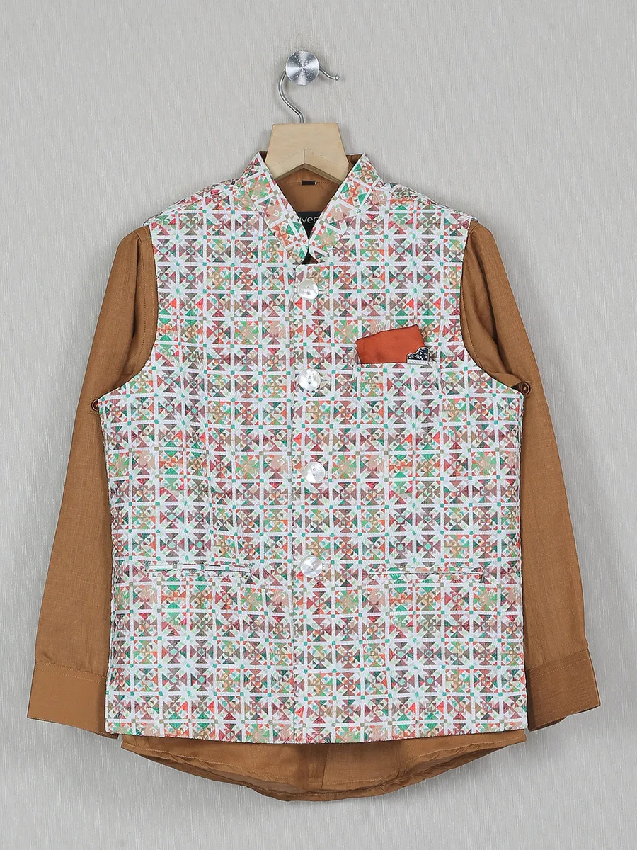 Printed multi color boys waistcoat set in cotton silk