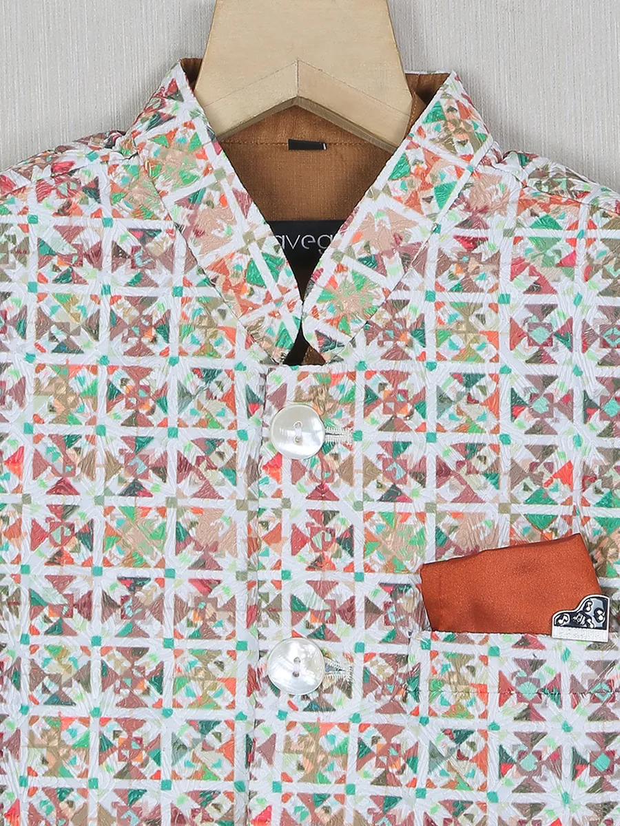 Printed multi color boys waistcoat set in cotton silk