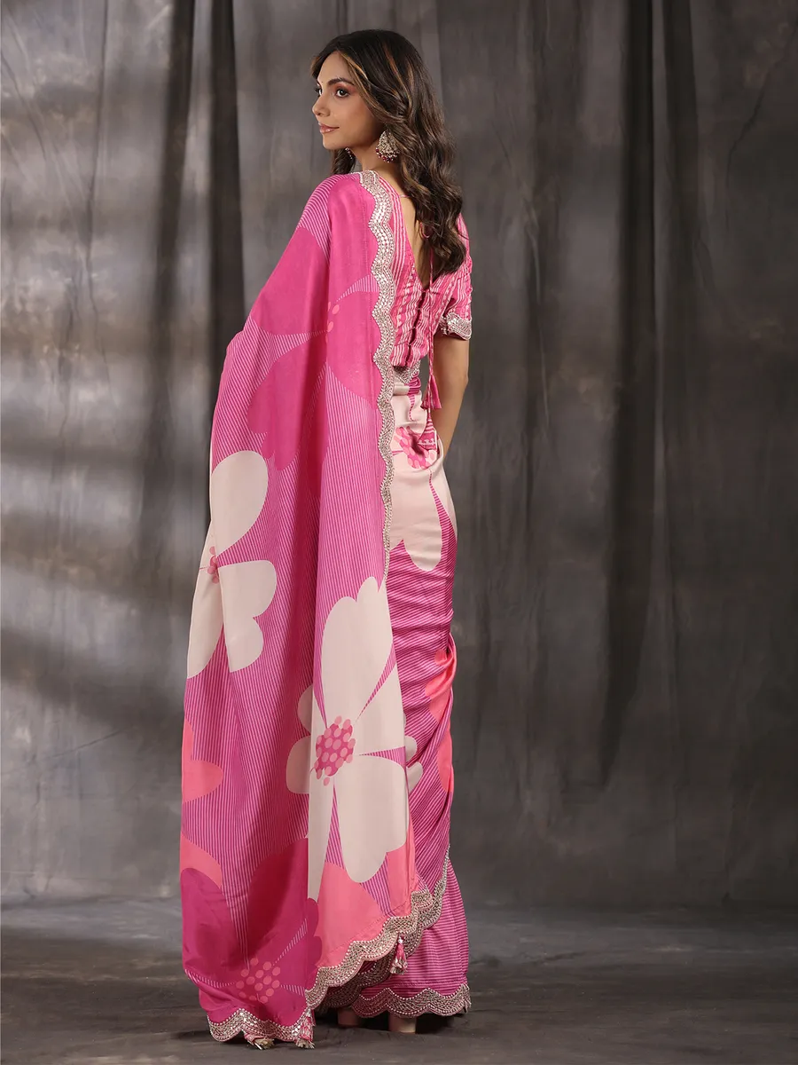 Printed muslin pink saree