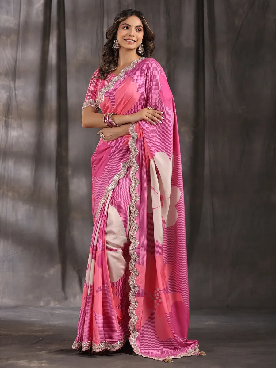 Printed muslin pink saree