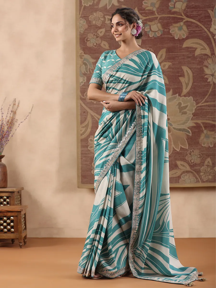 Printed muslin saree in rama green